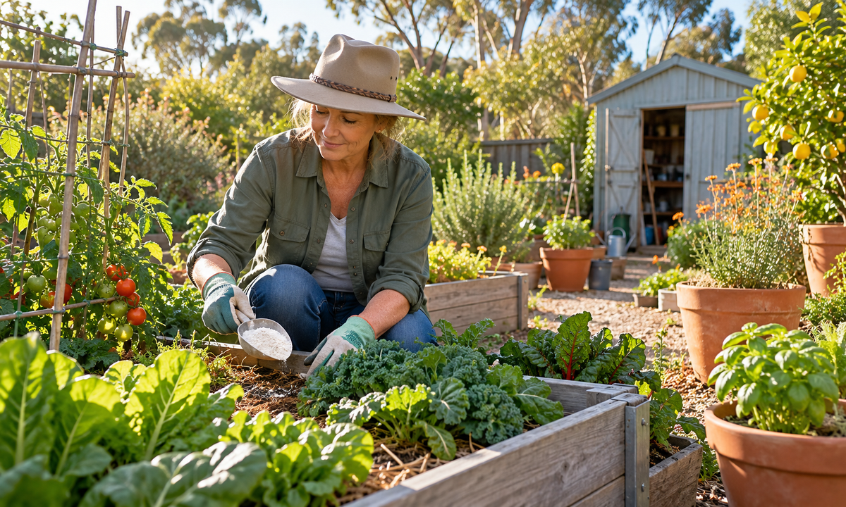 Australian gardener using food-grade diatomaceous earth in a raised vegetable garden